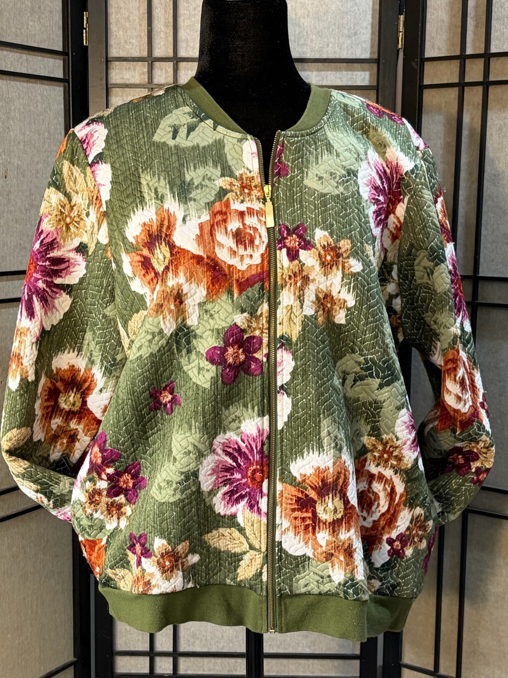ALFRED DUNNER Green Floral Bomber Jacket Full Zip Long Sleeve Women's Size 16